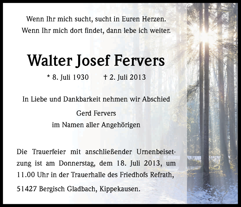  Traueranzeige für Walter Josef Fervers vom 13.07.2013 aus Kölner Stadt-Anzeiger / Kölnische Rundschau / Express