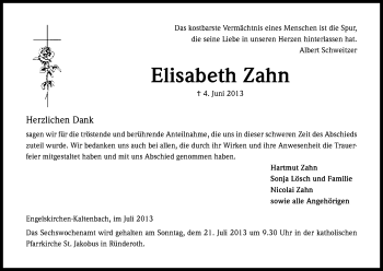 Anzeige von Elisabeth Zahn von Kölner Stadt-Anzeiger / Kölnische Rundschau / Express