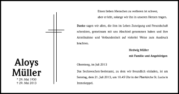 Anzeige von Aloys Müller von Kölner Stadt-Anzeiger / Kölnische Rundschau / Express