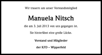 Anzeige von Manuela Nitsch von Kölner Stadt-Anzeiger / Kölnische Rundschau / Express