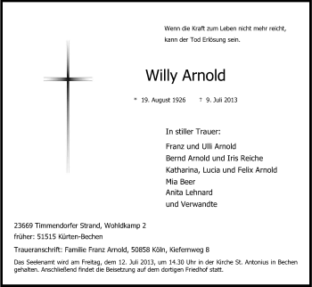 Anzeige von Willy Arnold von Kölner Stadt-Anzeiger / Kölnische Rundschau / Express