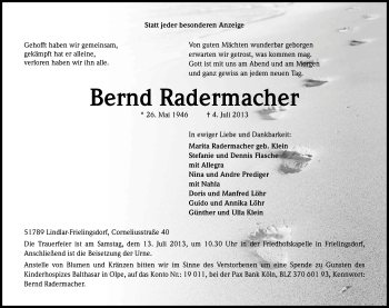 Anzeige von Bernd Radermacher von Kölner Stadt-Anzeiger / Kölnische Rundschau / Express