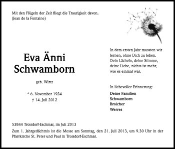 Anzeige von Eva Änni Schwamborn von Kölner Stadt-Anzeiger / Kölnische Rundschau / Express