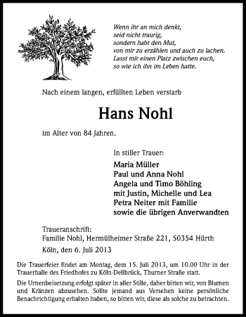 Anzeige von Hans Nohl von Kölner Stadt-Anzeiger / Kölnische Rundschau / Express