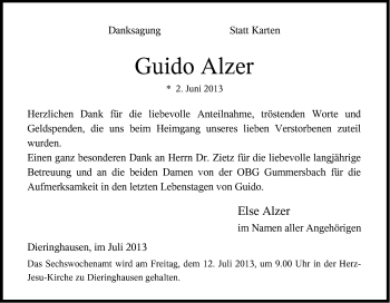 Anzeige von Guido Alzer von Kölner Stadt-Anzeiger / Kölnische Rundschau / Express