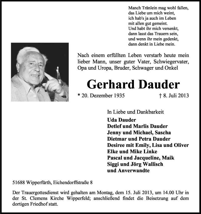 Traueranzeige für Gerhard Dauder vom 11.07.2013 aus Kölner Stadt-Anzeiger / Kölnische Rundschau / Express