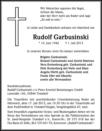 Anzeige von Rudolf Garbusinski von Kölner Stadt-Anzeiger / Kölnische Rundschau / Express