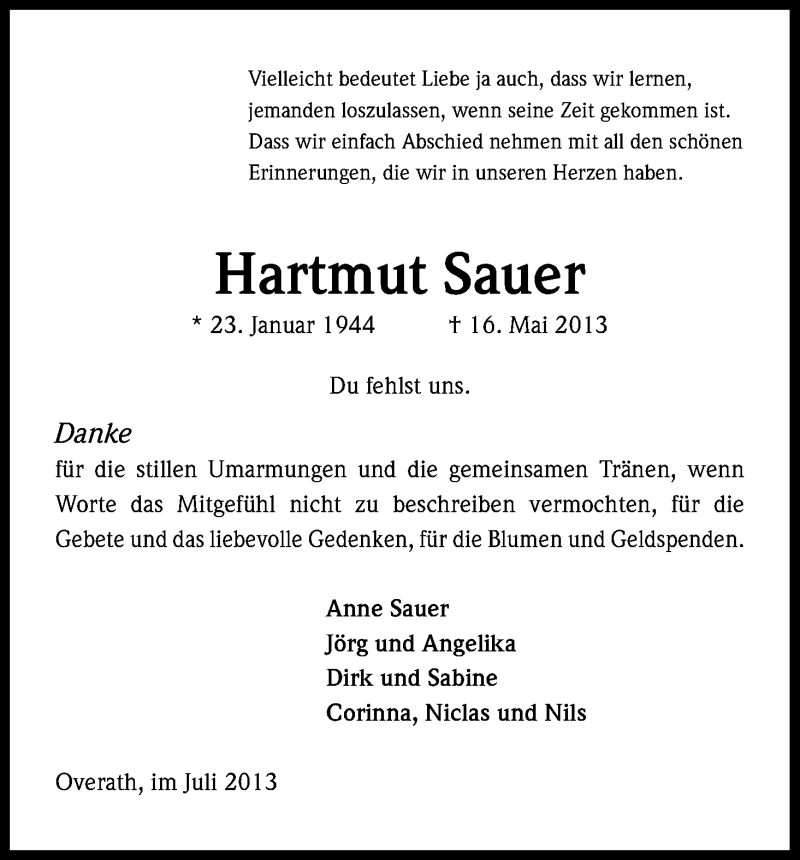  Traueranzeige für Hartmut Sauer vom 12.07.2013 aus Kölner Stadt-Anzeiger / Kölnische Rundschau / Express