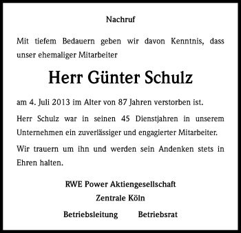 Anzeige von Günter Schulz von Kölner Stadt-Anzeiger / Kölnische Rundschau / Express