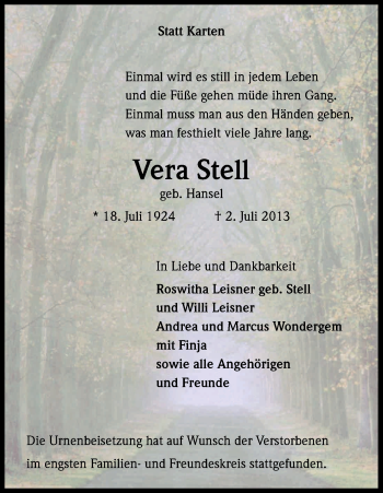 Anzeige von Vera Stell von Kölner Stadt-Anzeiger / Kölnische Rundschau / Express