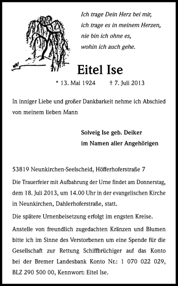 Anzeige von Eitel Ise von Kölner Stadt-Anzeiger / Kölnische Rundschau / Express