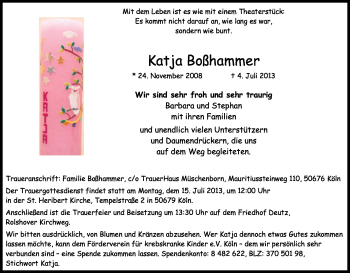 Anzeige von Katja Boßhammer von Kölner Stadt-Anzeiger / Kölnische Rundschau / Express