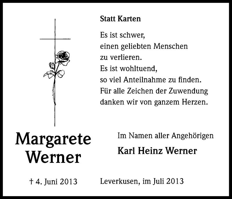  Traueranzeige für Margarete Werner vom 13.07.2013 aus Kölner Stadt-Anzeiger / Kölnische Rundschau / Express