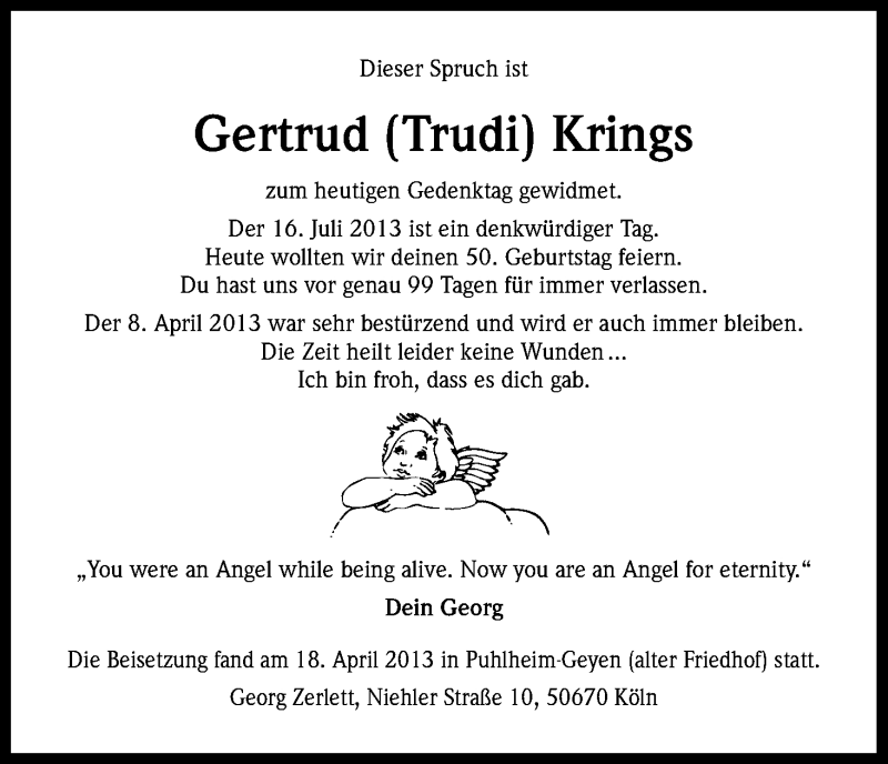  Traueranzeige für Gertrud Krings vom 16.07.2013 aus Kölner Stadt-Anzeiger / Kölnische Rundschau / Express