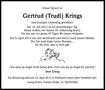 Anzeige von Gertrud Krings von Kölner Stadt-Anzeiger / Kölnische Rundschau / Express