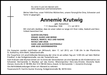 Anzeige von Annemie Krutwig von Kölner Stadt-Anzeiger / Kölnische Rundschau / Express