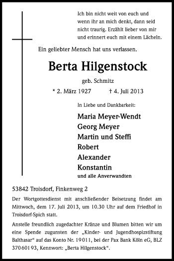 Anzeige von Berta Hilgenstock von Kölner Stadt-Anzeiger / Kölnische Rundschau / Express