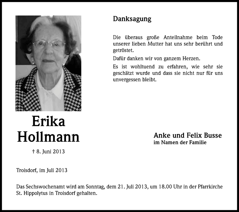  Traueranzeige für Erika Hollmann vom 13.07.2013 aus Kölner Stadt-Anzeiger / Kölnische Rundschau / Express