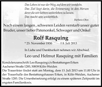 Anzeige von Rolf Rasquing von Kölner Stadt-Anzeiger / Kölnische Rundschau / Express