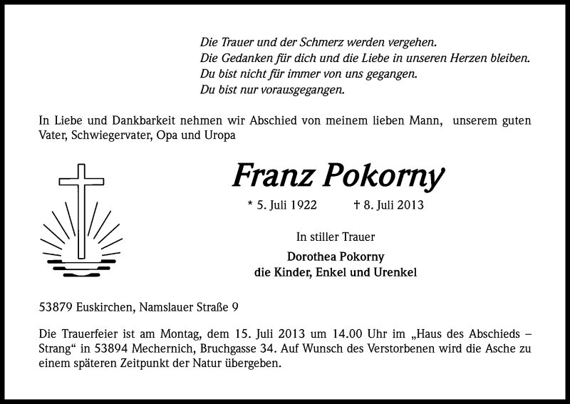  Traueranzeige für Franz Pokorny vom 11.07.2013 aus Kölner Stadt-Anzeiger / Kölnische Rundschau / Express