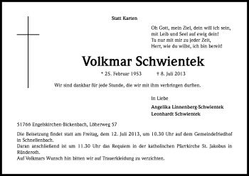 Anzeige von Volkmar Schwientek von Kölner Stadt-Anzeiger / Kölnische Rundschau / Express