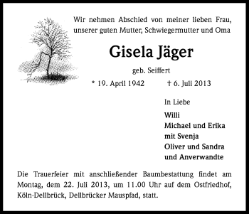 Anzeige von Gisela Jäger von Kölner Stadt-Anzeiger / Kölnische Rundschau / Express