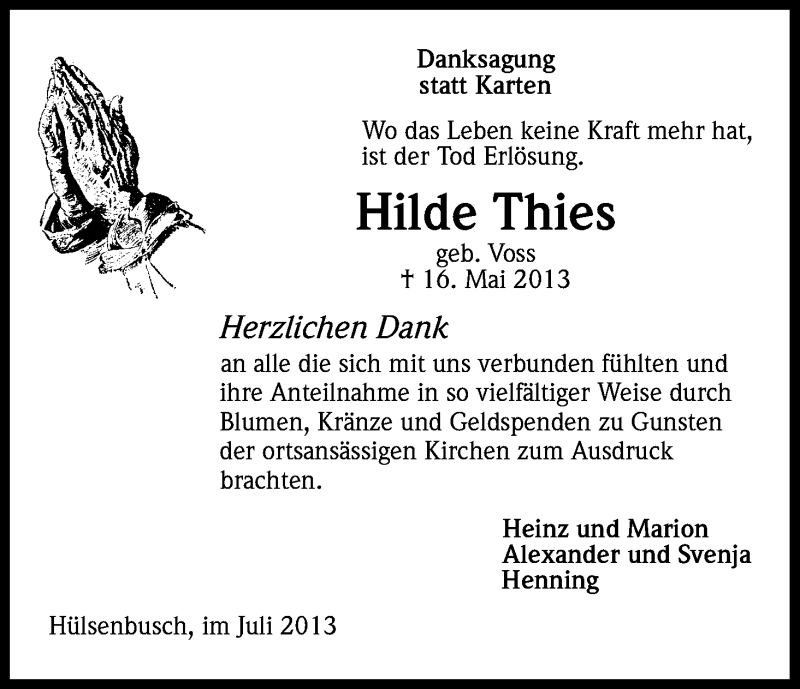  Traueranzeige für Hilde Thies vom 13.07.2013 aus Kölner Stadt-Anzeiger / Kölnische Rundschau / Express