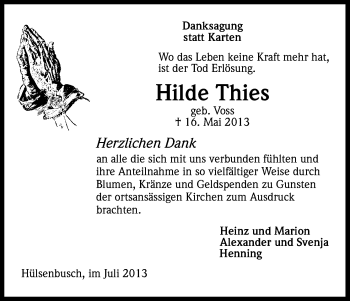 Anzeige von Hilde Thies von Kölner Stadt-Anzeiger / Kölnische Rundschau / Express