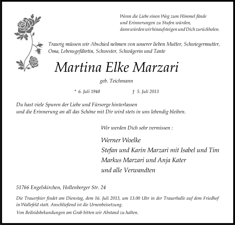  Traueranzeige für Martina Elke Mazari vom 11.07.2013 aus Kölner Stadt-Anzeiger / Kölnische Rundschau / Express