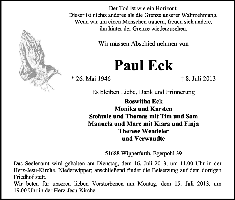  Traueranzeige für Paul Eck vom 11.07.2013 aus Kölner Stadt-Anzeiger / Kölnische Rundschau / Express