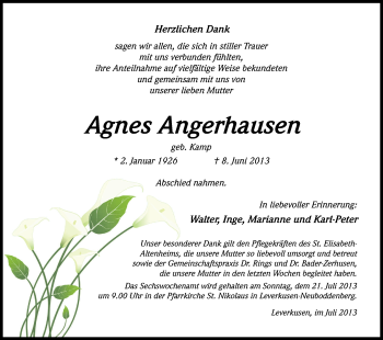 Anzeige von Agnes Angerhausen von Kölner Stadt-Anzeiger / Kölnische Rundschau / Express