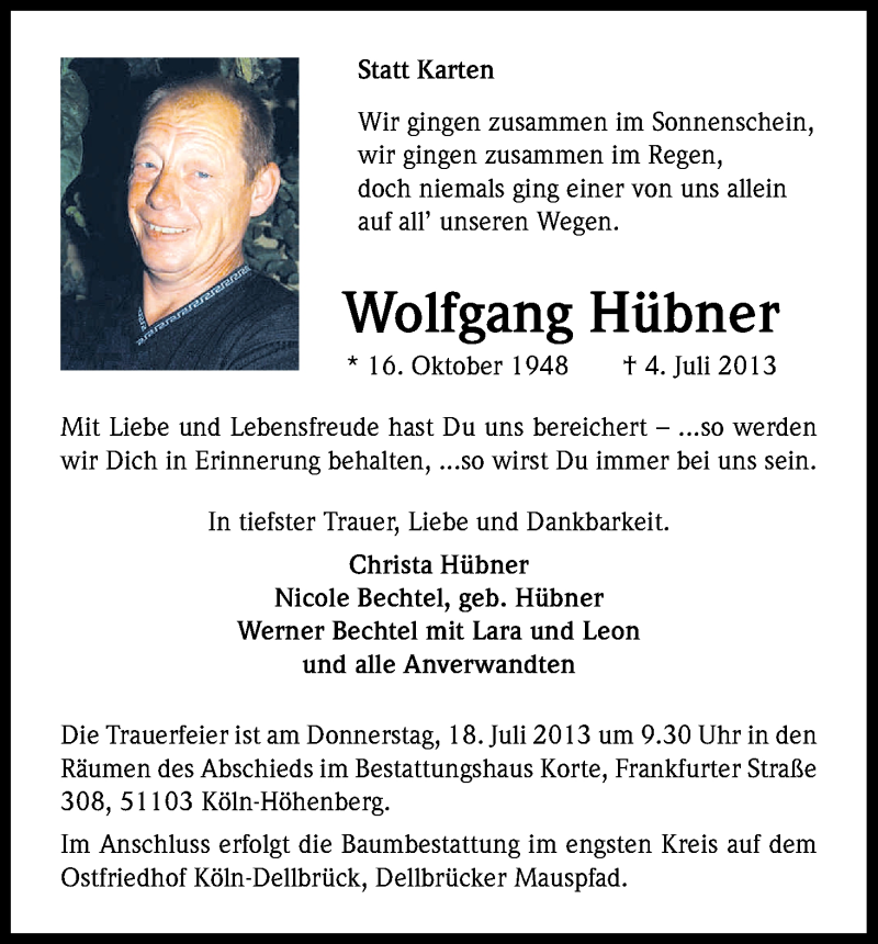  Traueranzeige für Wolfgang Hübner vom 13.07.2013 aus Kölner Stadt-Anzeiger / Kölnische Rundschau / Express
