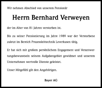 Anzeige von Bernhard Verweyen von Kölner Stadt-Anzeiger / Kölnische Rundschau / Express