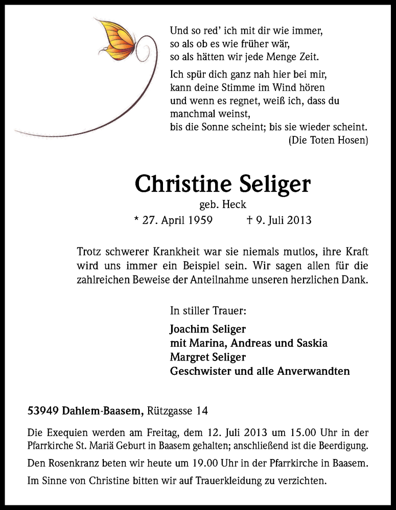  Traueranzeige für Christine Seliger vom 11.07.2013 aus Kölner Stadt-Anzeiger / Kölnische Rundschau / Express