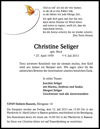 Anzeige von Christine Seliger von Kölner Stadt-Anzeiger / Kölnische Rundschau / Express