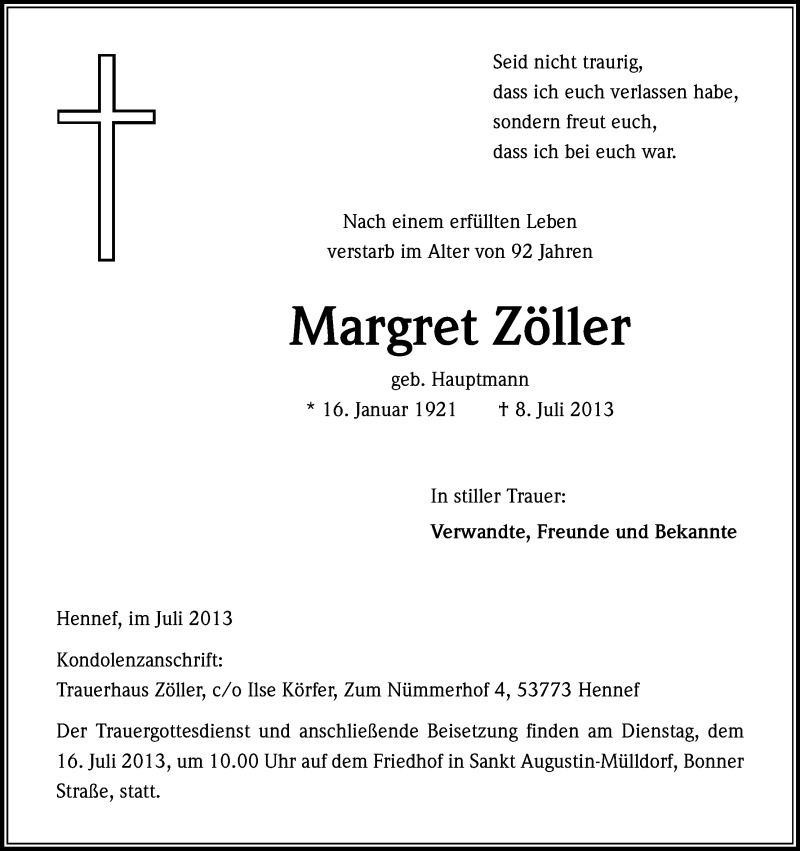  Traueranzeige für Margret Zöller vom 11.07.2013 aus Kölner Stadt-Anzeiger / Kölnische Rundschau / Express