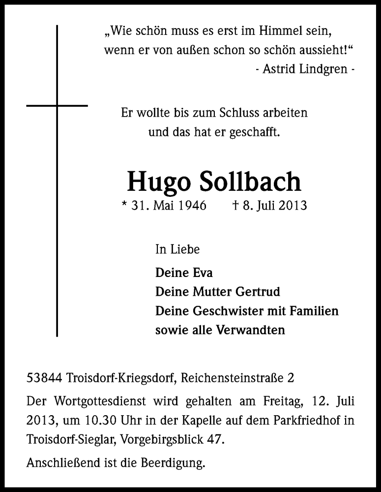  Traueranzeige für Hugo Sollbach vom 11.07.2013 aus Kölner Stadt-Anzeiger / Kölnische Rundschau / Express