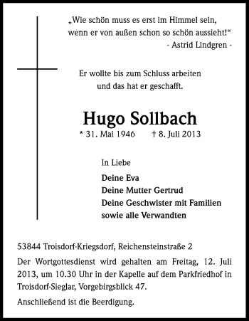 Anzeige von Hugo Sollbach von Kölner Stadt-Anzeiger / Kölnische Rundschau / Express