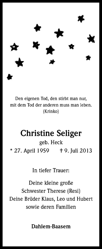 Anzeige von Christine Seliger von Kölner Stadt-Anzeiger / Kölnische Rundschau / Express