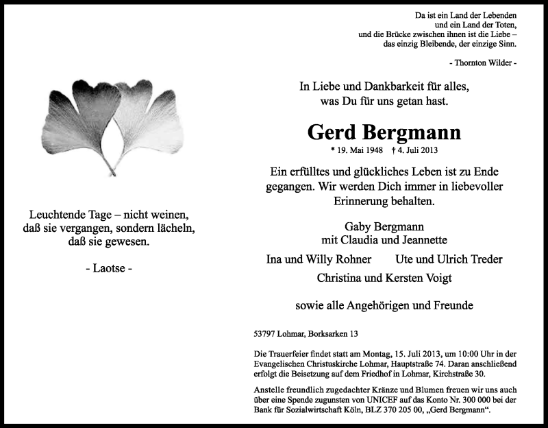  Traueranzeige für Gerd Bergmann vom 11.07.2013 aus Kölner Stadt-Anzeiger / Kölnische Rundschau / Express