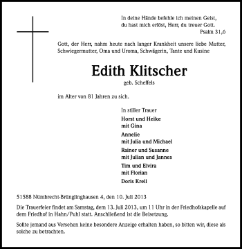 Anzeige von Edith Klitscher von Kölner Stadt-Anzeiger / Kölnische Rundschau / Express