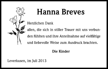 Anzeige von Hanna Breves von Kölner Stadt-Anzeiger / Kölnische Rundschau / Express