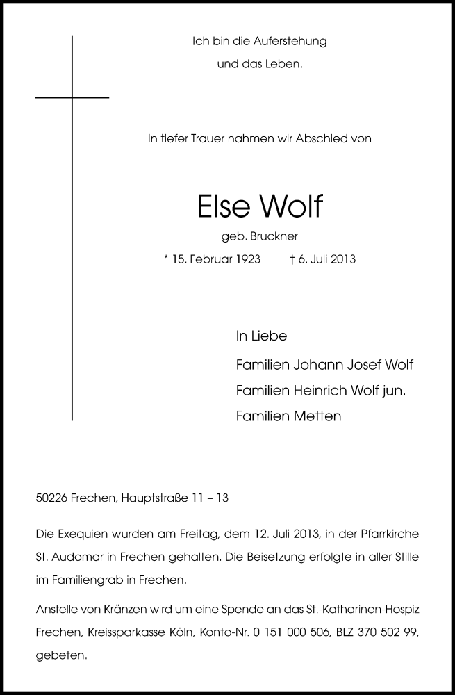  Traueranzeige für Else Wolf vom 13.07.2013 aus Kölner Stadt-Anzeiger / Kölnische Rundschau / Express