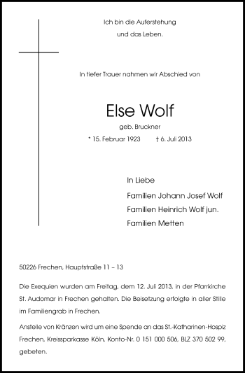 Anzeige von Else Wolf von Kölner Stadt-Anzeiger / Kölnische Rundschau / Express