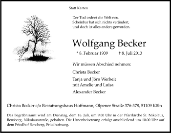 Anzeige von Wolfgang Becker von Kölner Stadt-Anzeiger / Kölnische Rundschau / Express