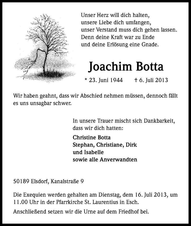  Traueranzeige für Joachim Botta vom 12.07.2013 aus Kölner Stadt-Anzeiger / Kölnische Rundschau / Express