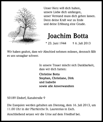 Anzeige von Joachim Botta von Kölner Stadt-Anzeiger / Kölnische Rundschau / Express