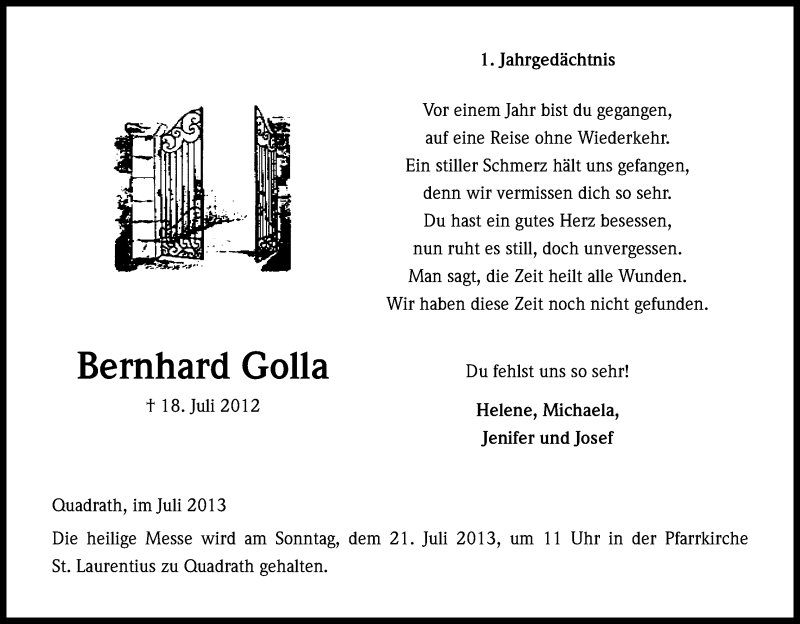  Traueranzeige für Bernhard Golla vom 17.07.2013 aus Kölner Stadt-Anzeiger / Kölnische Rundschau / Express