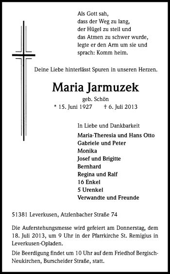 Anzeige von Maria Jarmuzek von Kölner Stadt-Anzeiger / Kölnische Rundschau / Express