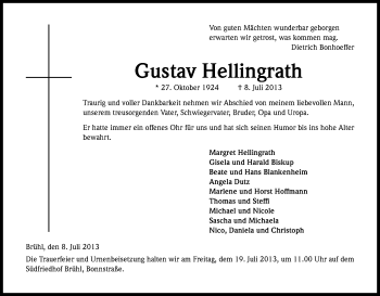 Anzeige von Gustav Hellingrath von Kölner Stadt-Anzeiger / Kölnische Rundschau / Express